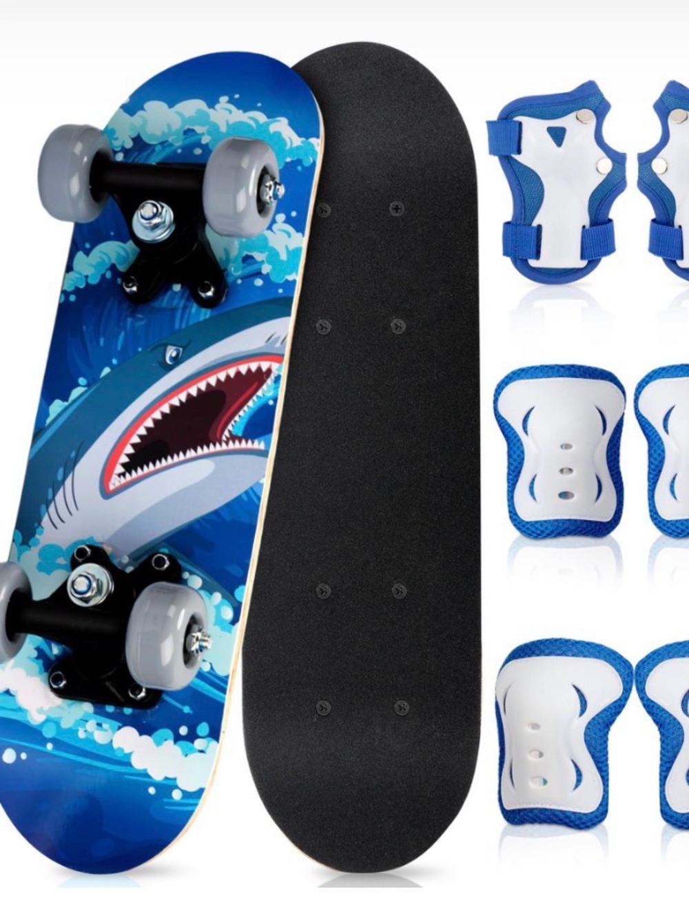 Kids Shark Graphic Skateboard with Blue Safety Pads